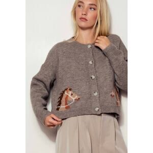 Urban Daizy Western Horse Graphic Ribbed Trim Crew Neck Cardigan